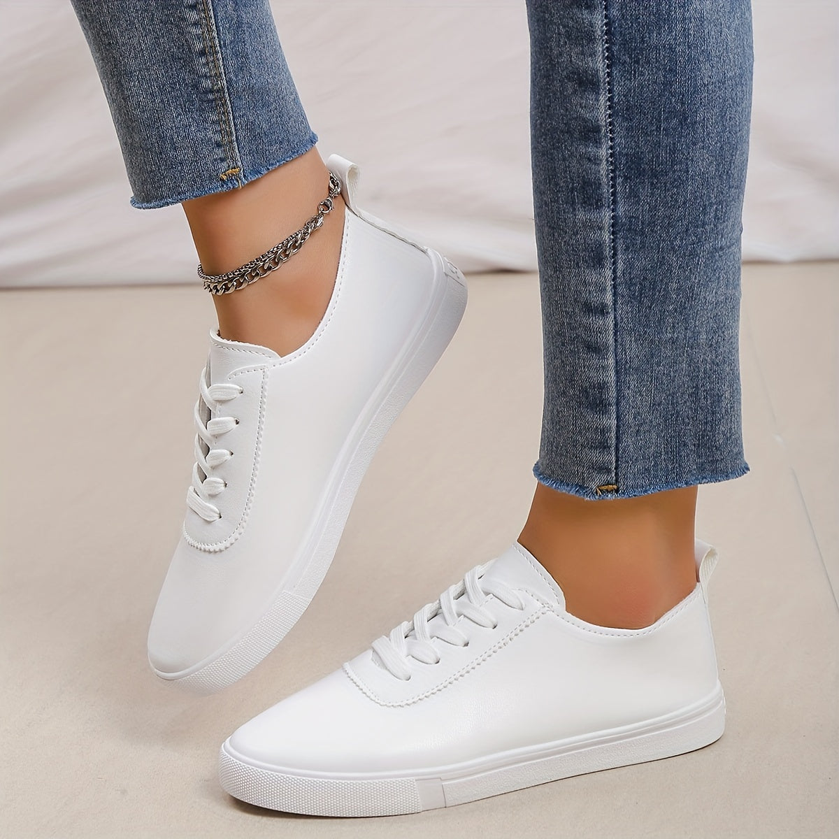 Women's Minimalist Low Top Sneakers, Solid Color Round Toe Lace Up Faux Leather Shoes, Casual Walking Sneakers