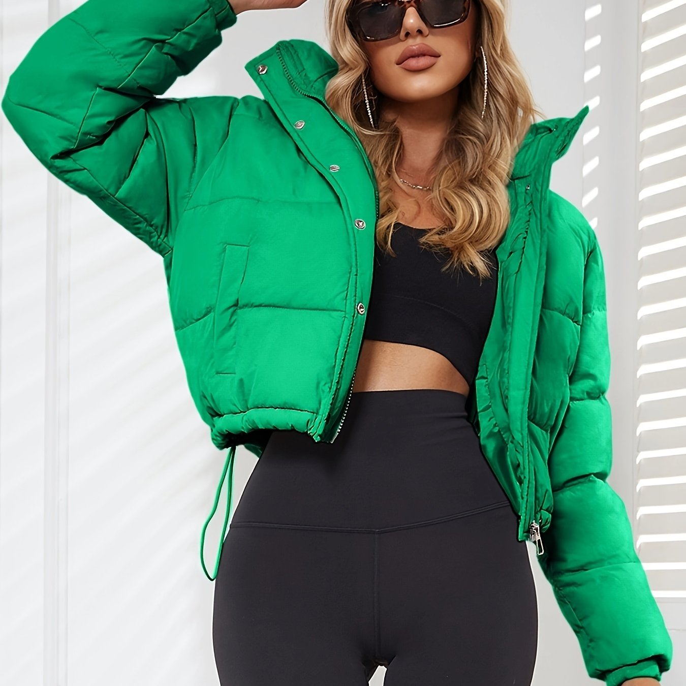 Women's Stylish Black Hooded Puffer Jacket - Casual Short Warm Outerwear with Drawstring Design, Long Sleeves, and Button-Up Front for Winter Comfort, Winter Jacket
