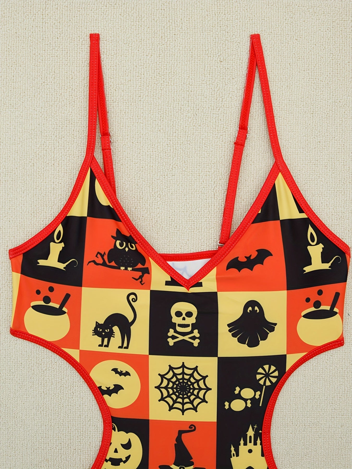 Halloween Cute Cartoon Print Cut Out One-piece Swimsuit, Cat Skull Owl Bat Spider Web Pattern Spaghetti Strap V Neck Stretchy Bathing Suits, Women's Swimwear & Clothing
