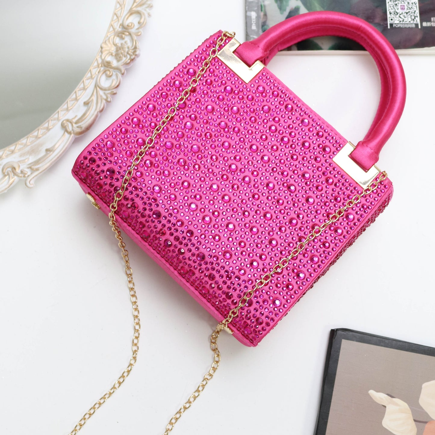 [Trending] Elegant Rhinestone Square Evening Clutch - Perfect for Weddings, Proms & Formal Events - Magenta with Polyester Lining