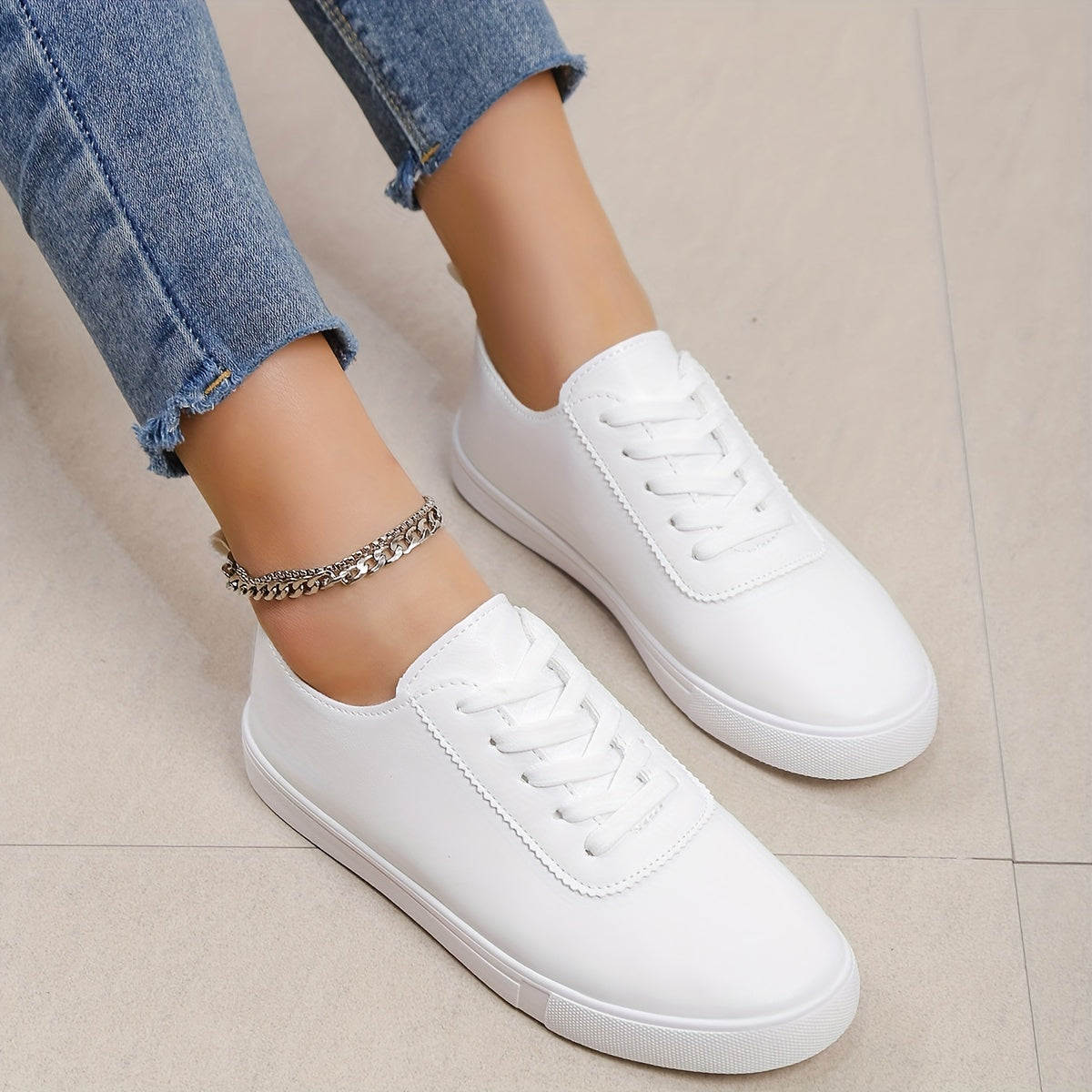 Women's Minimalist Low Top Sneakers, Solid Color Round Toe Lace Up Faux Leather Shoes, Casual Walking Sneakers