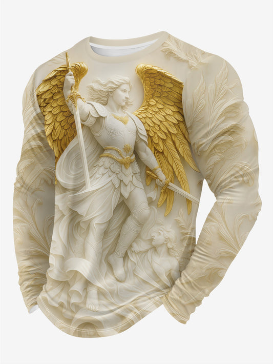 Men's 3D Angel/Warrior Angel Wings & Sword Print Long Sleeve T-Shirt - Beige & Golden Greek God Zeus-like Design, Breathable Casual Round Neck, 3D Layered Texture-like Look for Spring/Fall, 3D Digital Print (Not) - No