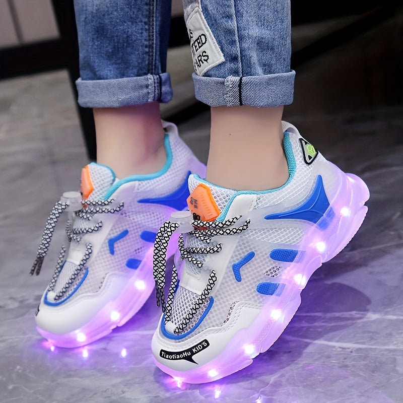 GUANGLAN Kids Light-Up Sneakers - Breathable Mesh Sneakers with LED Lights, Orange & White, Lace-Up Closure, Lightweight & Durable for Boys & Girls, Spring/Summer Casual Shoes, Shoes for Girls, Vibrant Youngsters Footwear, St