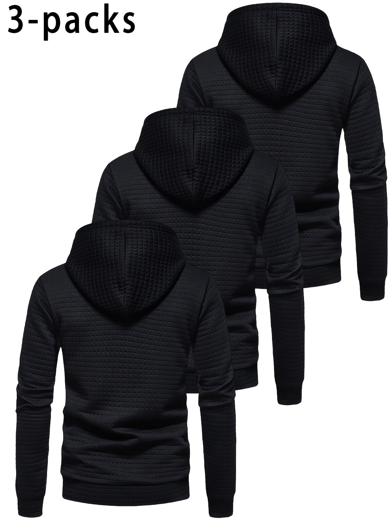 [Trending] 3pcs Men's Waffle-Knit Hoodies - Breathable, Moisture-Wicking & Quick-Dry for Running, Fitness & Casual Wear - Solid Color with Adjustable Drawstring