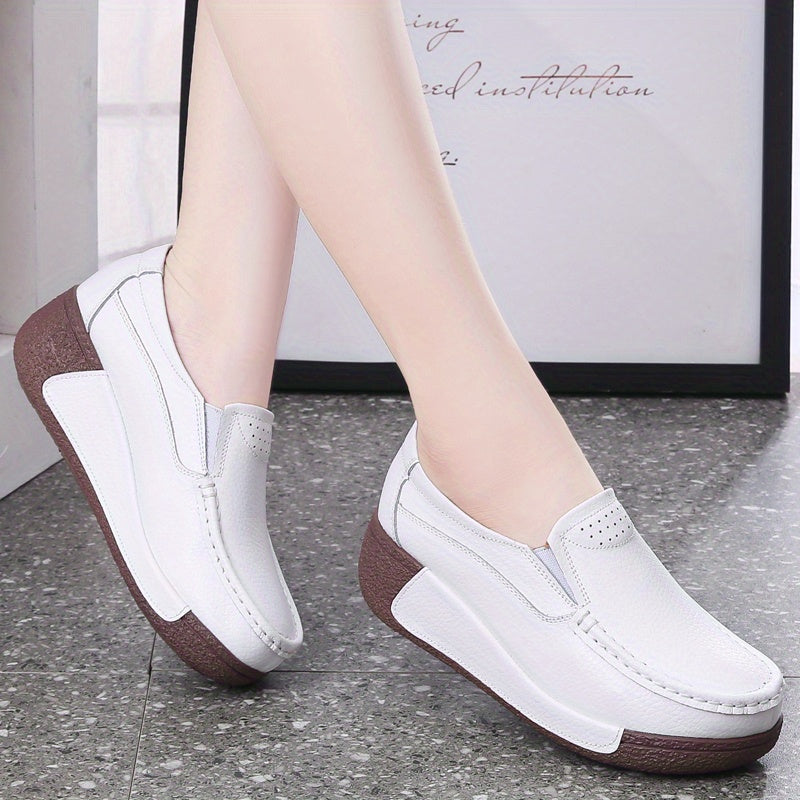 [Durable Build] Women's Cover Slip-On Platform Sneakers - Comfortable Thick Sole, Low-Top Casual White Shoes with Round Toe for All Seasons, Ladies Sneakers