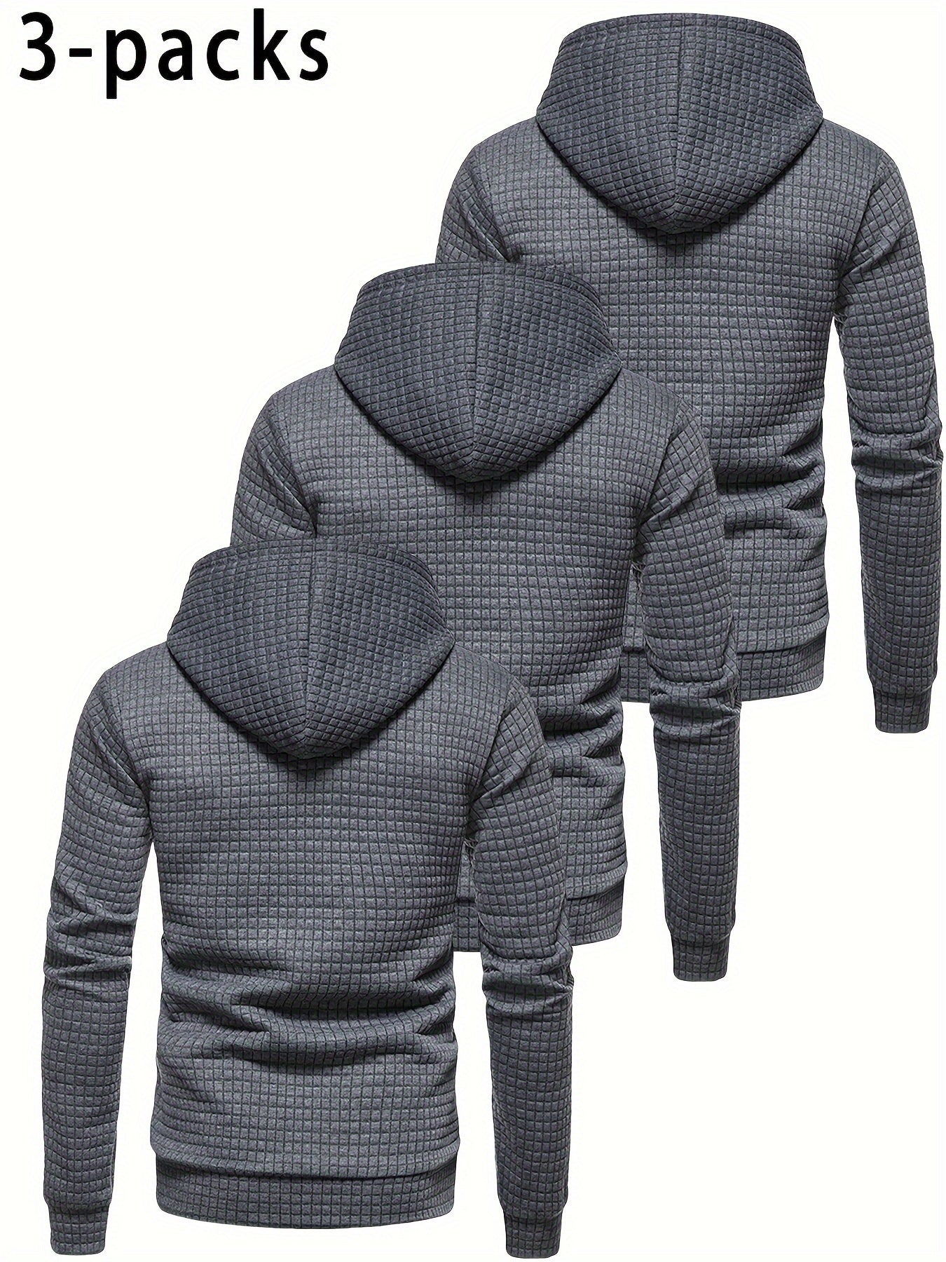 [Trending] 3pcs Men's Waffle-Knit Hoodies - Breathable, Moisture-Wicking & Quick-Dry for Running, Fitness & Casual Wear - Solid Color with Adjustable Drawstring