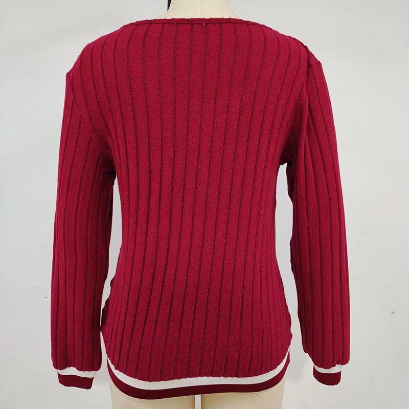 Women's Casual V-Neck Color-Block Top, Long Sleeve Comfortable Blouse For Everyday Autumn And Winter Wear