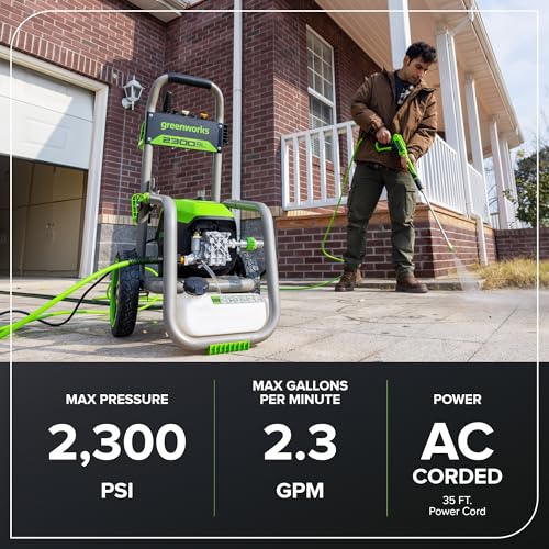 Greenworks 2300 PSI TruBrushless (2.3 GPM) Electric Pressure Washer, 25’ Hose, Quick Connect Wand, 15, 24, 40 Degree Soap and Turbo Nozzle