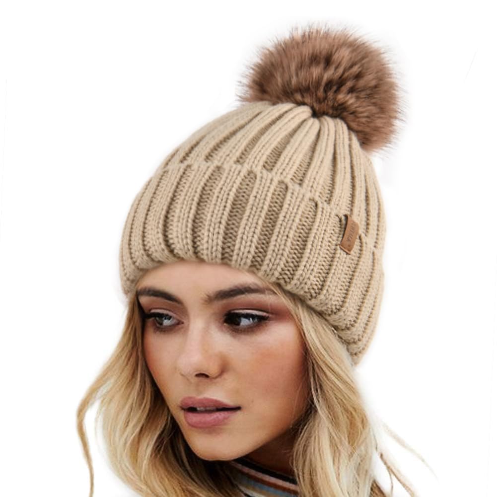FURTALK Womens Winter Knitted Beanie Hat with Faux Fur Pom Warm Knit Skull Cap Beanie for Women