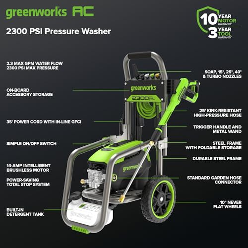 Greenworks 2300 PSI TruBrushless (2.3 GPM) Electric Pressure Washer, 25’ Hose, Quick Connect Wand, 15, 24, 40 Degree Soap and Turbo Nozzle