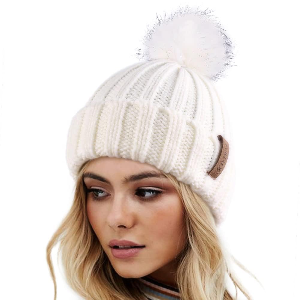 FURTALK Womens Winter Knitted Beanie Hat with Faux Fur Pom Warm Knit Skull Cap Beanie for Women