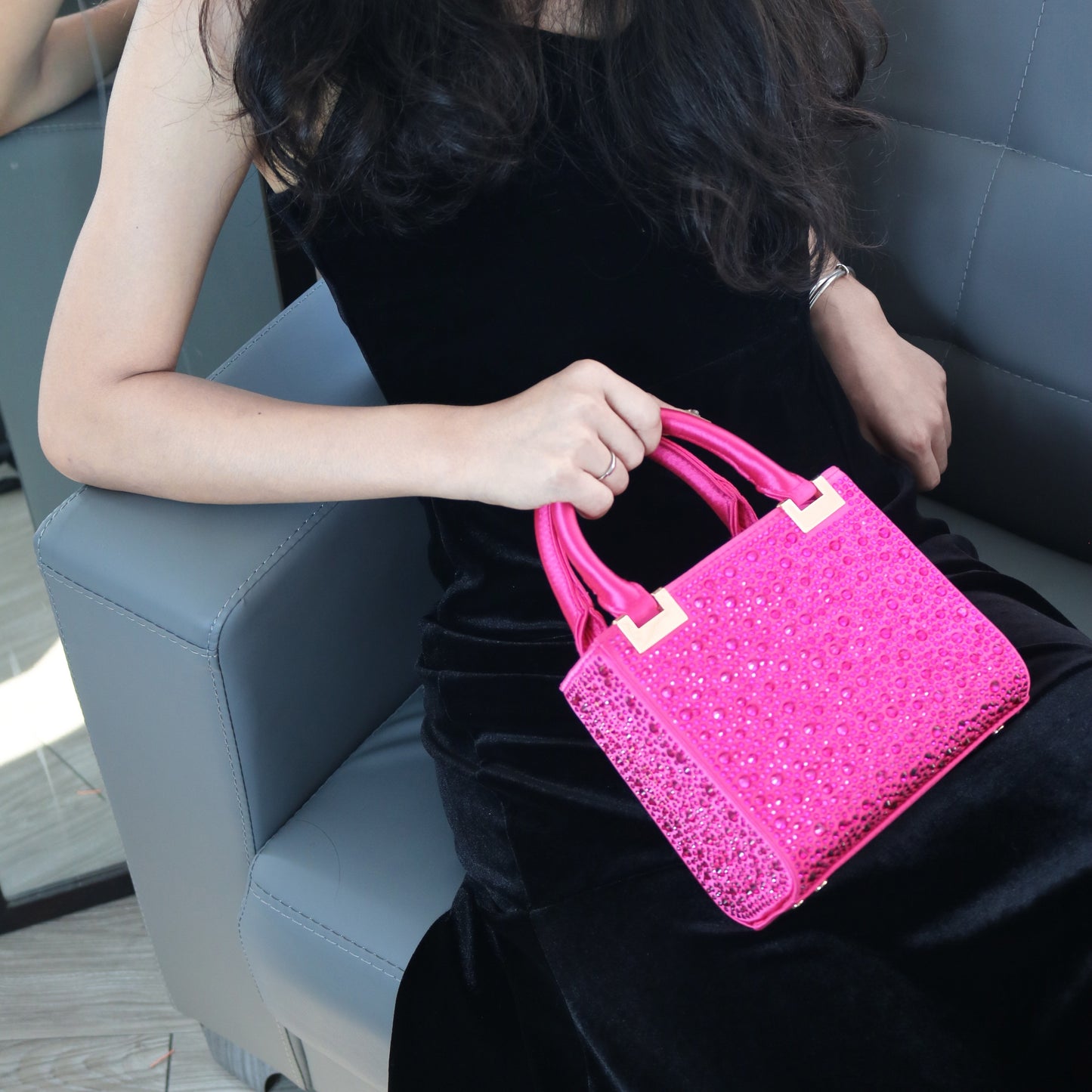 [Trending] Elegant Rhinestone Square Evening Clutch - Perfect for Weddings, Proms & Formal Events - Magenta with Polyester Lining
