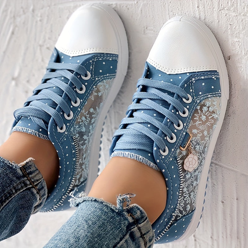 Women's Floral Mesh & Cover Casual Sneakers - Breathable Low-Top Lace-Up Round-Toe Spring Shoes with Sole for Casual Attire, Ladies Sneakers, Comfortable Footwear, Durable Traction Footwear ChicMe