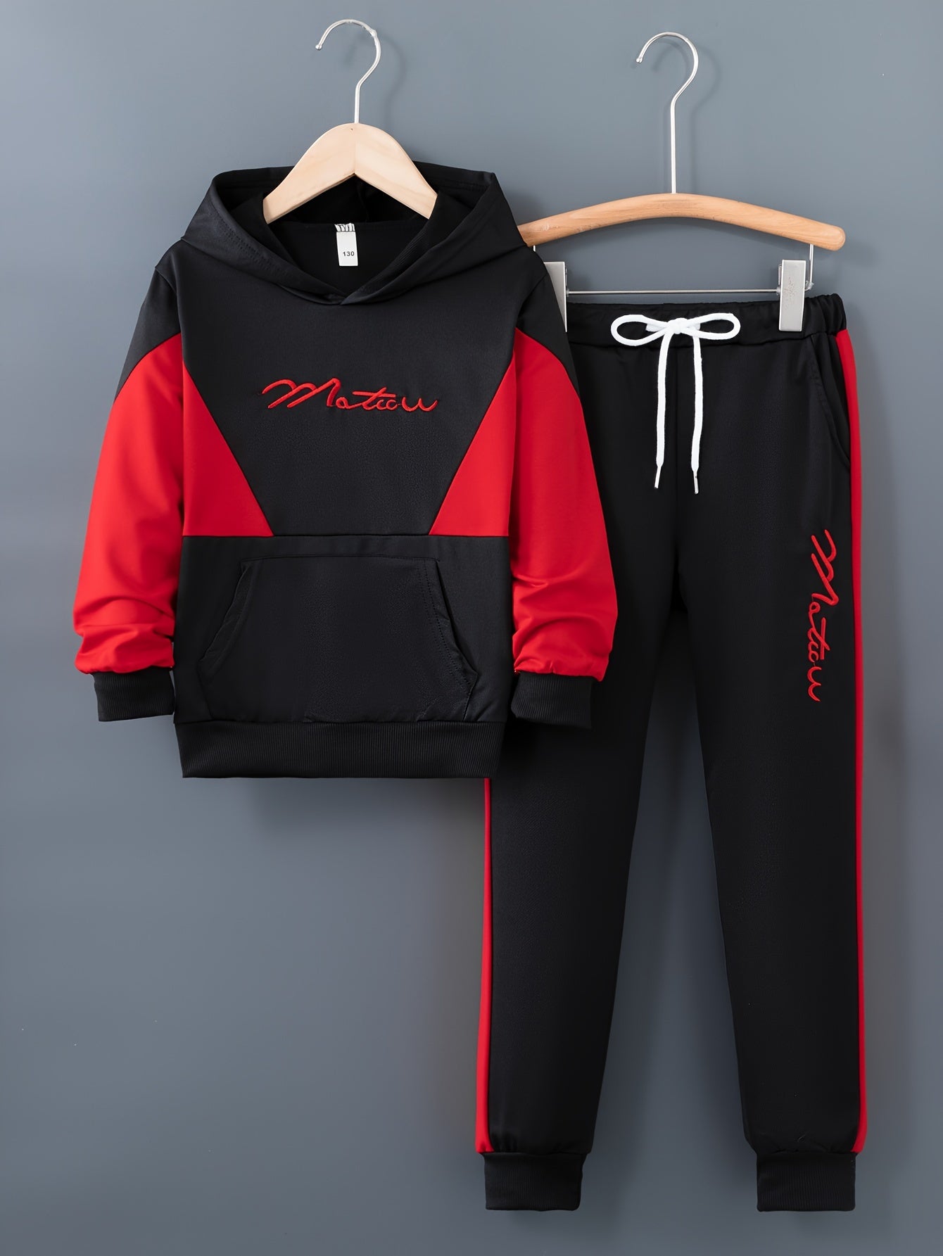 Boys' Stylish Color Block "MASTOR" Hoodie & Jogger Set - Cozy Polyester, Drawstring, Fall/Winter Casual Outfit, Jogging Suits, Perfect for Outdoor