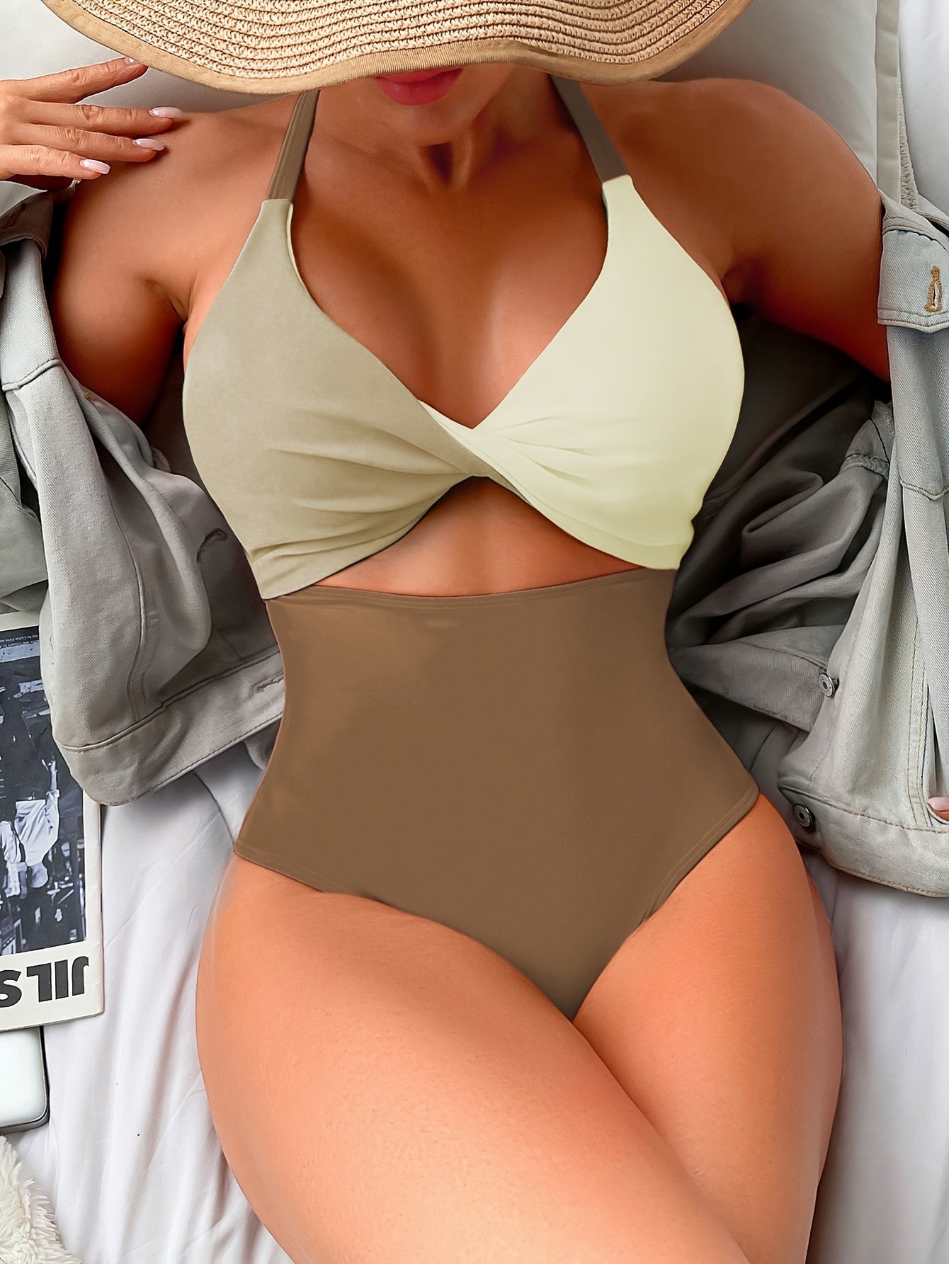 Color Block Twist Cut Out One-piece Swimsuit, Cross Back Stretchy Patchwork Bathing Suits, Women's Swimwear & Clothing