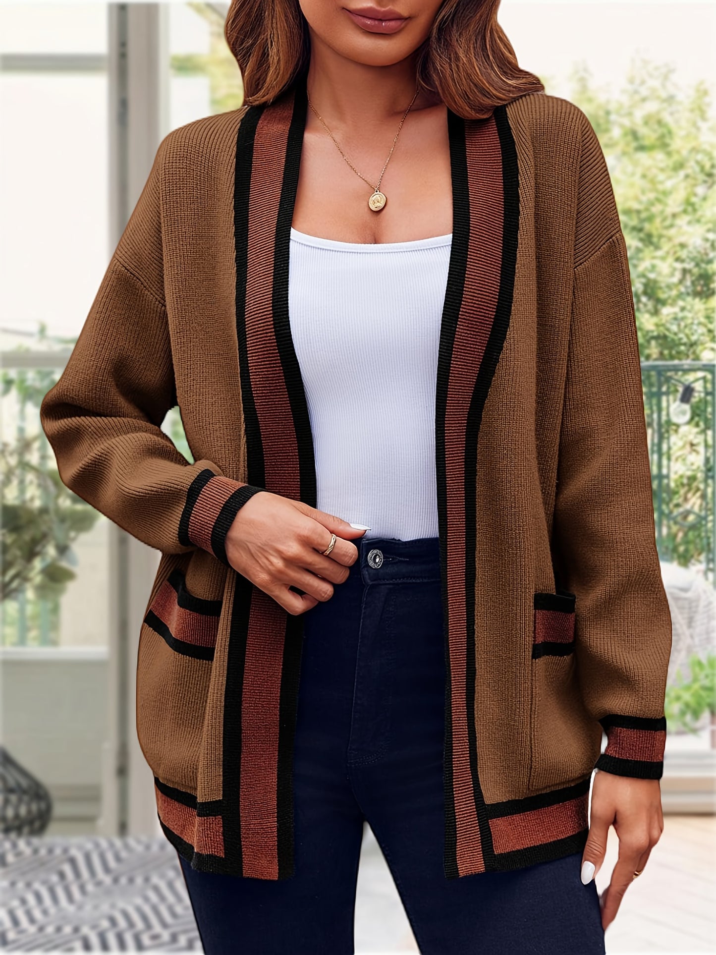 Womens Sweaters Color Blocked Knit Cardigans Oversized Soft Trending Coat 2024 With Pockets