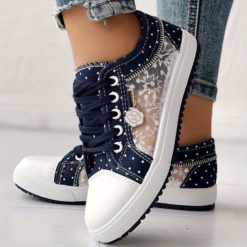 Women's Floral Mesh & Cover Casual Sneakers - Breathable Low-Top Lace-Up Round-Toe Spring Shoes with Sole for Casual Attire, Ladies Sneakers, Comfortable Footwear, Durable Traction Footwear ChicMe