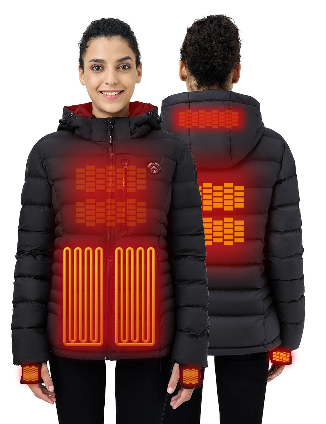 iHood Women's Heated Puffer Jacket With 12V Battery Pack-Insulated Water-Resistant Hooded Hand-Heating Electric Heated Jacket