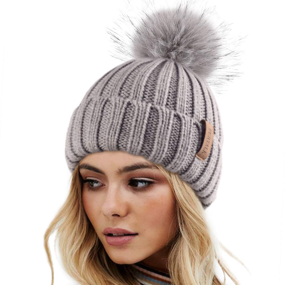 FURTALK Womens Winter Knitted Beanie Hat with Faux Fur Pom Warm Knit Skull Cap Beanie for Women