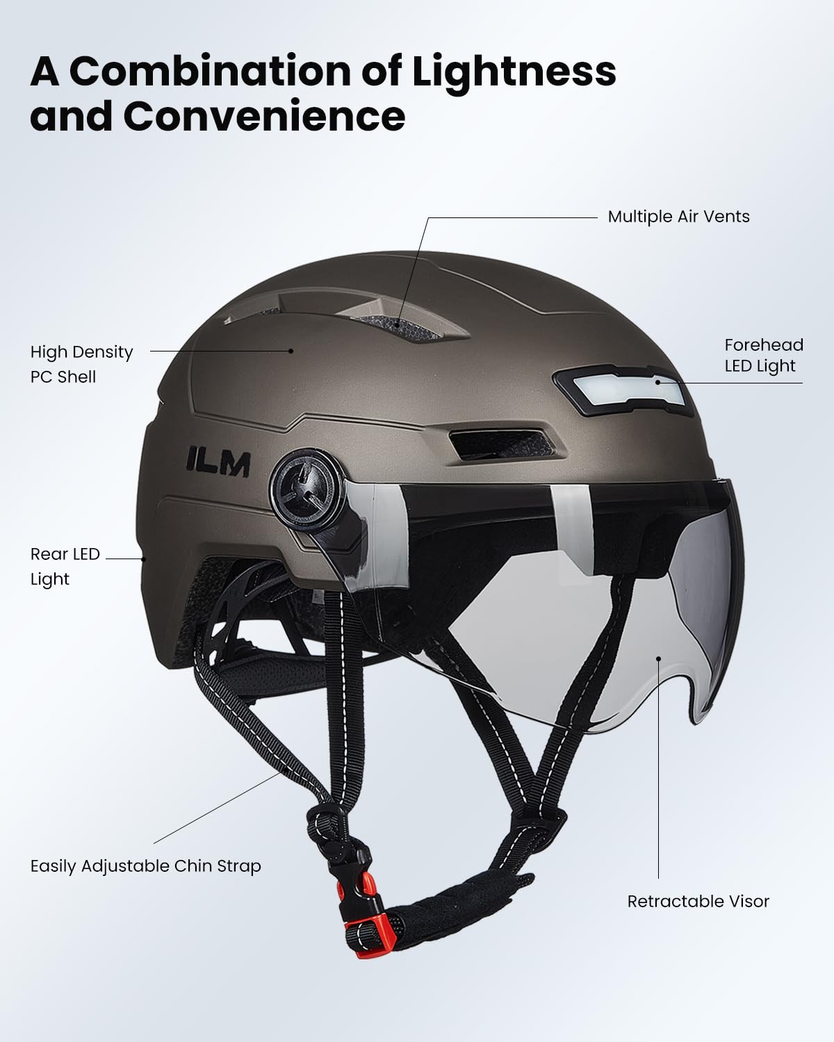 ILM Adult Bike Helmet with USB Rechargeable LED Front and Back Light Mountain&Road Bicycle Helmets for Men Women Removable Goggle Cycling Helmet E3-10L