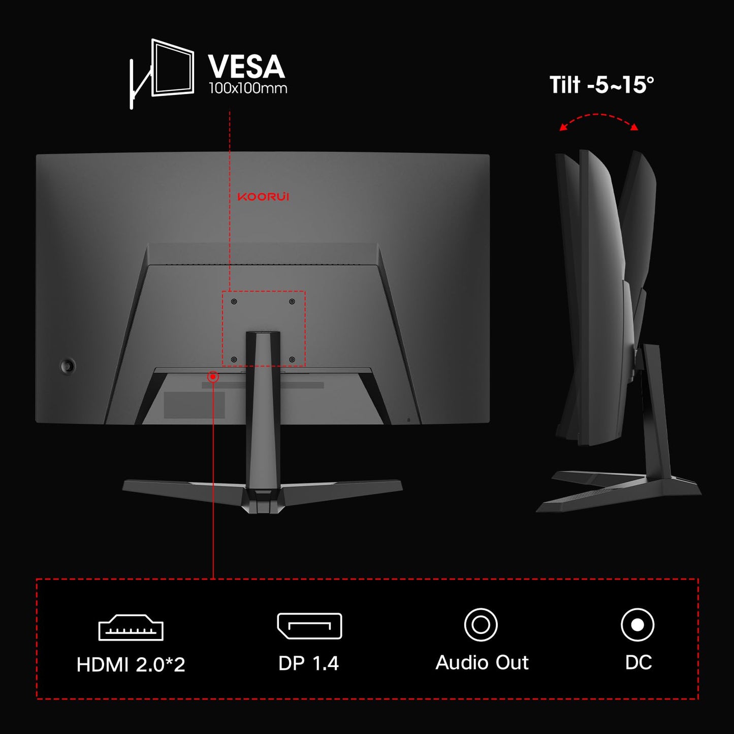 KOORUI 24 inch Curved Gaming Monitor 180Hz FHD 1080P Computer Monitor, 1ms 1500R Display, Adaptive Sync, FreeSync Premium, HDMI 2.0X2 & DP 1.2, VESA, Tilt, 24E6CA