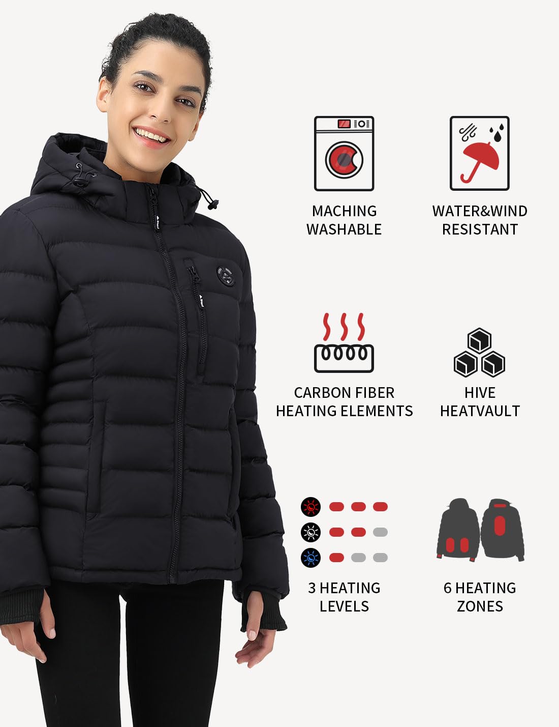 iHood Women's Heated Puffer Jacket With 12V Battery Pack-Insulated Water-Resistant Hooded Hand-Heating Electric Heated Jacket