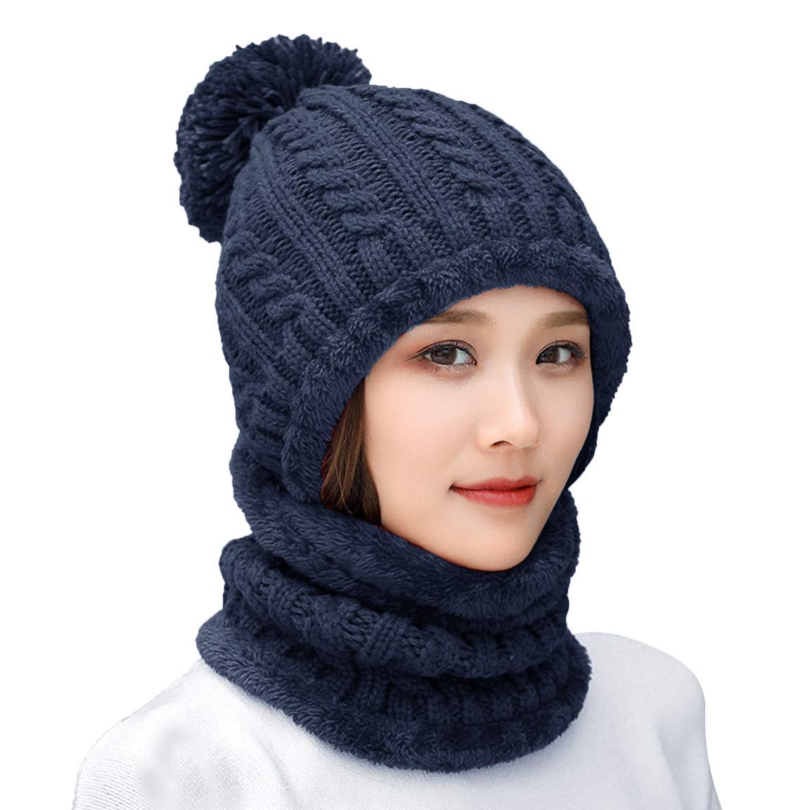 HUAMULAN Women Winter Beanie Hats One Piece Fleece Lined Knit Balaclavas Mask Set Skull Neck Circle Scarf Ski Snow Hat Pompom
