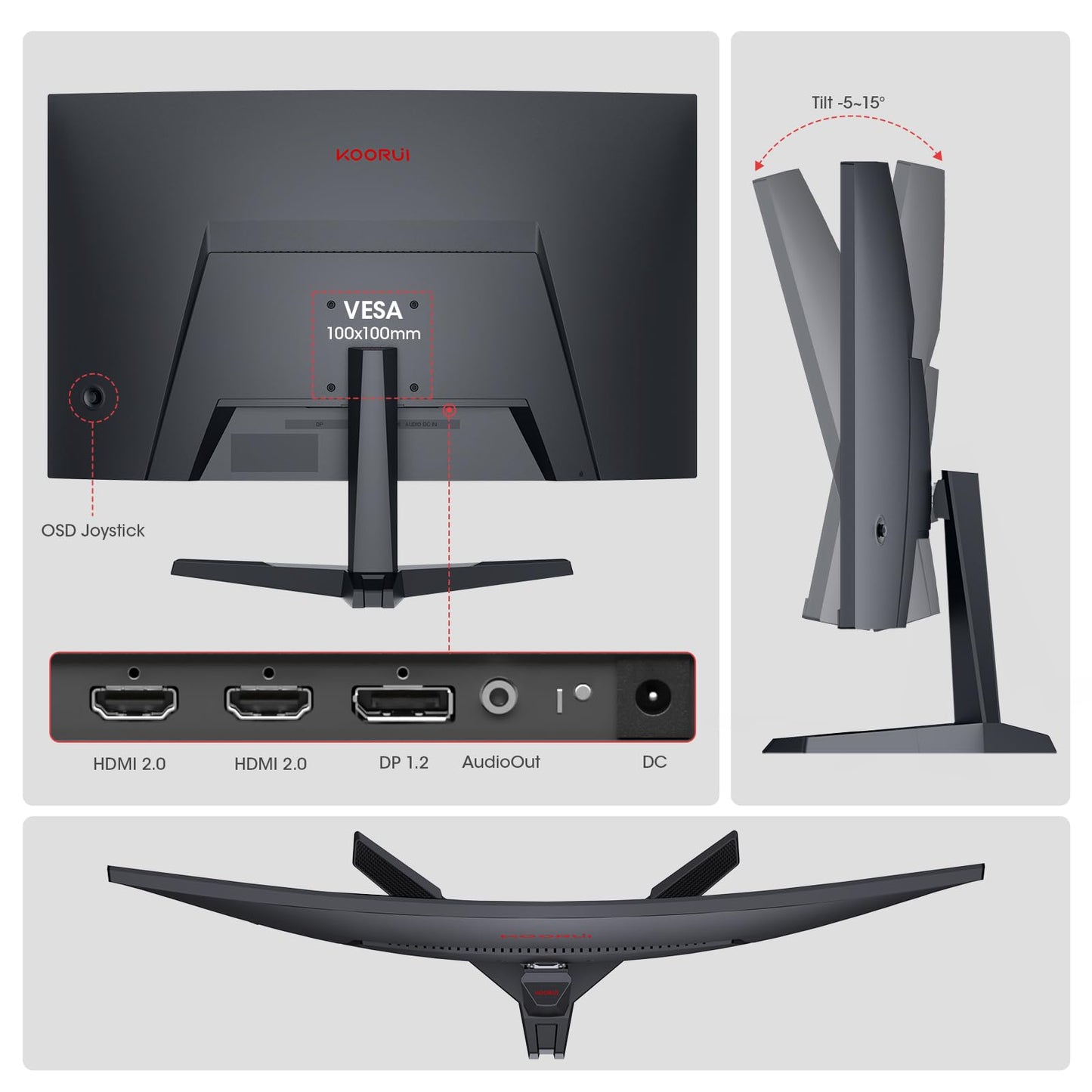 KOORUI 24 inch Curved Gaming Monitor 180Hz FHD 1080P Computer Monitor, 1ms 1500R Display, Adaptive Sync, FreeSync Premium, HDMI 2.0X2 & DP 1.2, VESA, Tilt, 24E6CA