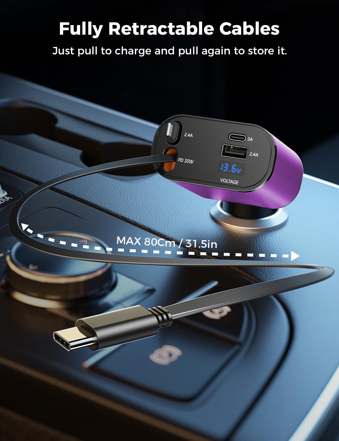 【Upgraded】 SUPERONE Retractable Car Charger 4 in 1, Fast Car Phone Charger with Cord 2.6ft, USB C and Apple Car Adapter, Compatible with iPhone 17 16 15/15 Pro Max/14/13/12/11, Galaxy, Pixel