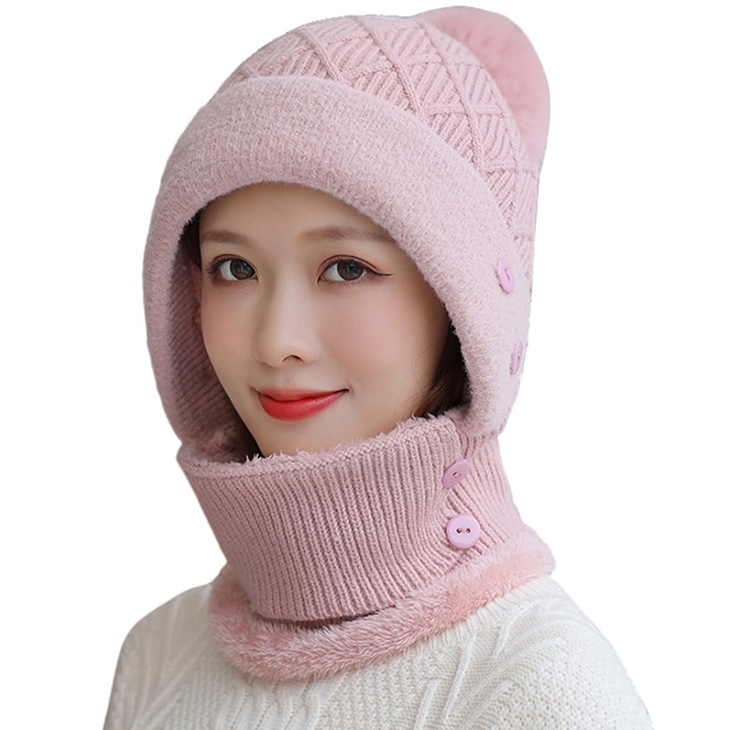 HUAMULAN Women Winter Beanie Hats One Piece Fleece Lined Knit Balaclavas Mask Set Skull Neck Circle Scarf Ski Snow Hat Pompom