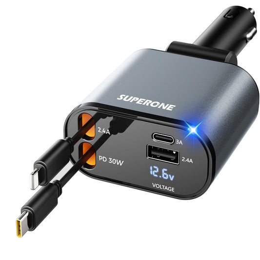 【Upgraded】 SUPERONE Retractable Car Charger 4 in 1, Fast Car Phone Charger with Cord 2.6ft, USB C and Apple Car Adapter, Compatible with iPhone 17 16 15/15 Pro Max/14/13/12/11, Galaxy, Pixel