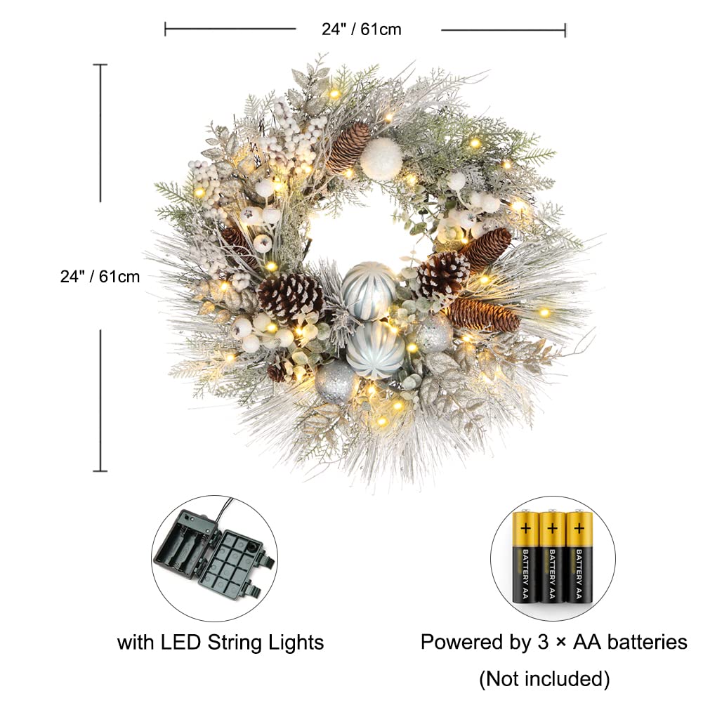 Christmas Wreath for Front Door 24" Large Xmas Wreath with Flocked Pinecone Red Berries Battery Operated 30 LED Lights for Christmas Outdoor Window Fireplaces Walls Home Decor