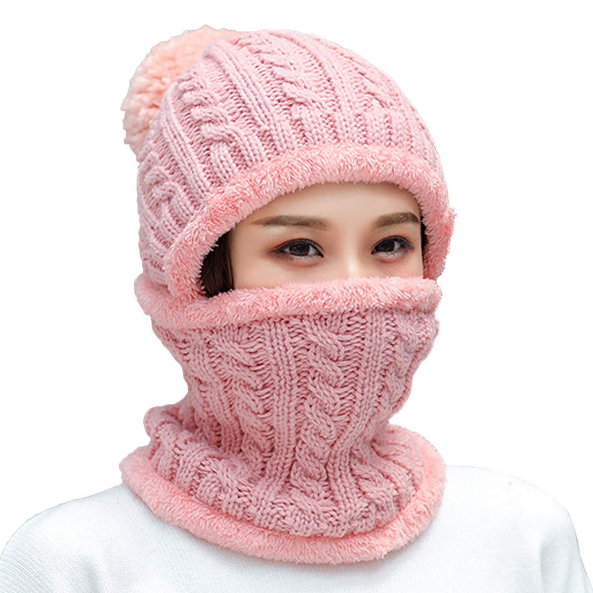 HUAMULAN Women Winter Beanie Hats One Piece Fleece Lined Knit Balaclavas Mask Set Skull Neck Circle Scarf Ski Snow Hat Pompom