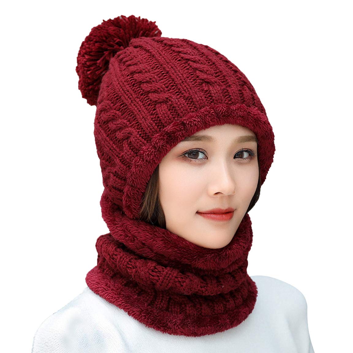 HUAMULAN Women Winter Beanie Hats One Piece Fleece Lined Knit Balaclavas Mask Set Skull Neck Circle Scarf Ski Snow Hat Pompom