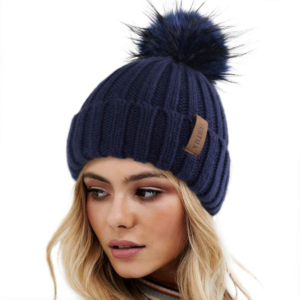 FURTALK Womens Winter Knitted Beanie Hat with Faux Fur Pom Warm Knit Skull Cap Beanie for Women