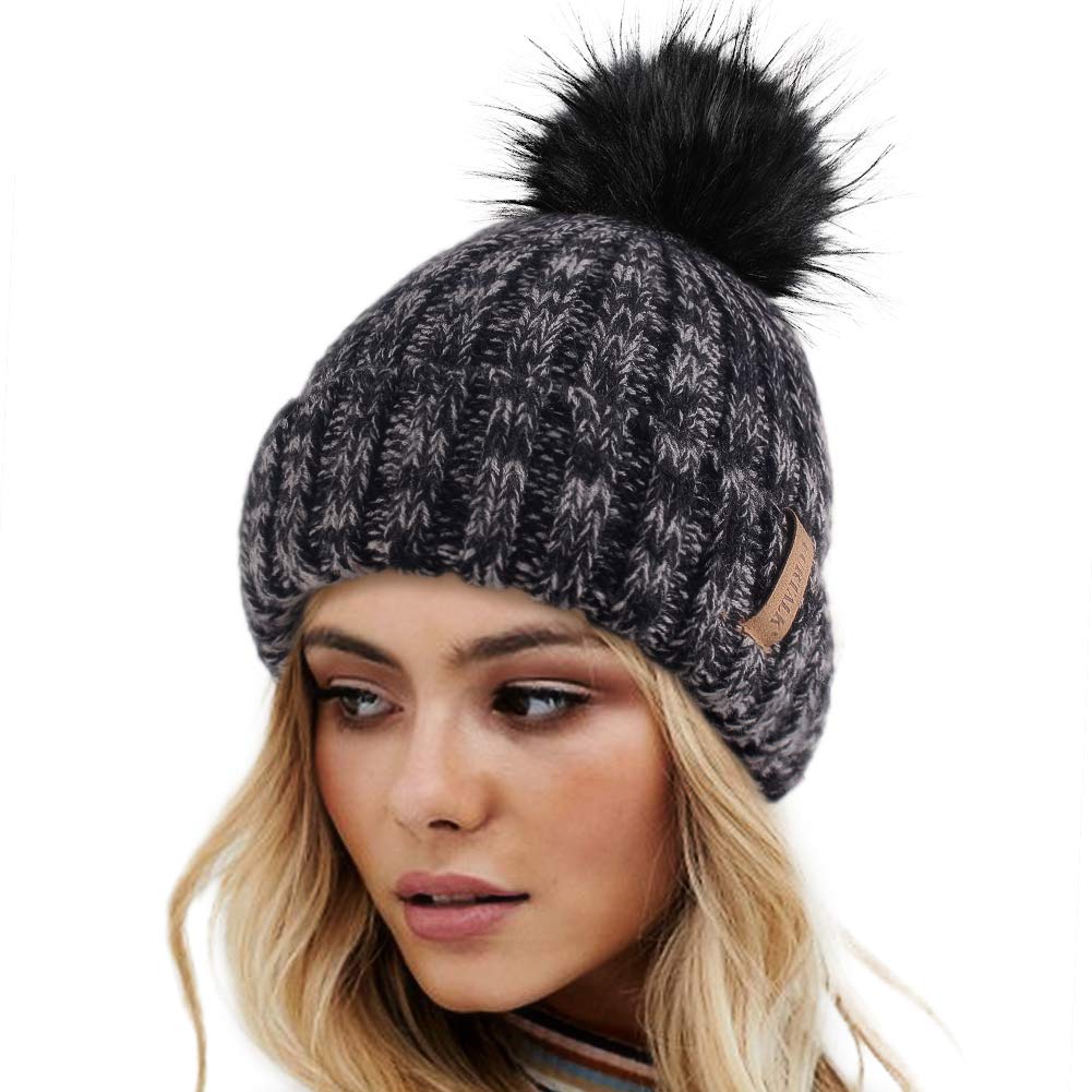 FURTALK Womens Winter Knitted Beanie Hat with Faux Fur Pom Warm Knit Skull Cap Beanie for Women