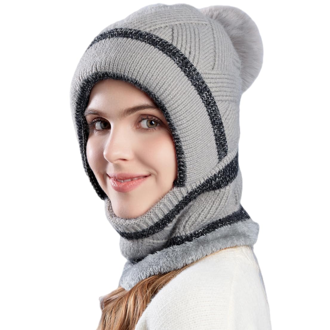 HUAMULAN Women Winter Beanie Hats One Piece Fleece Lined Knit Balaclavas Mask Set Skull Neck Circle Scarf Ski Snow Hat Pompom