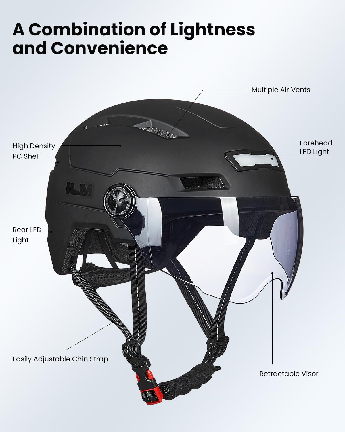 ILM Adult Bike Helmet with USB Rechargeable LED Front and Back Light Mountain&Road Bicycle Helmets for Men Women Removable Goggle Cycling Helmet E3-10L