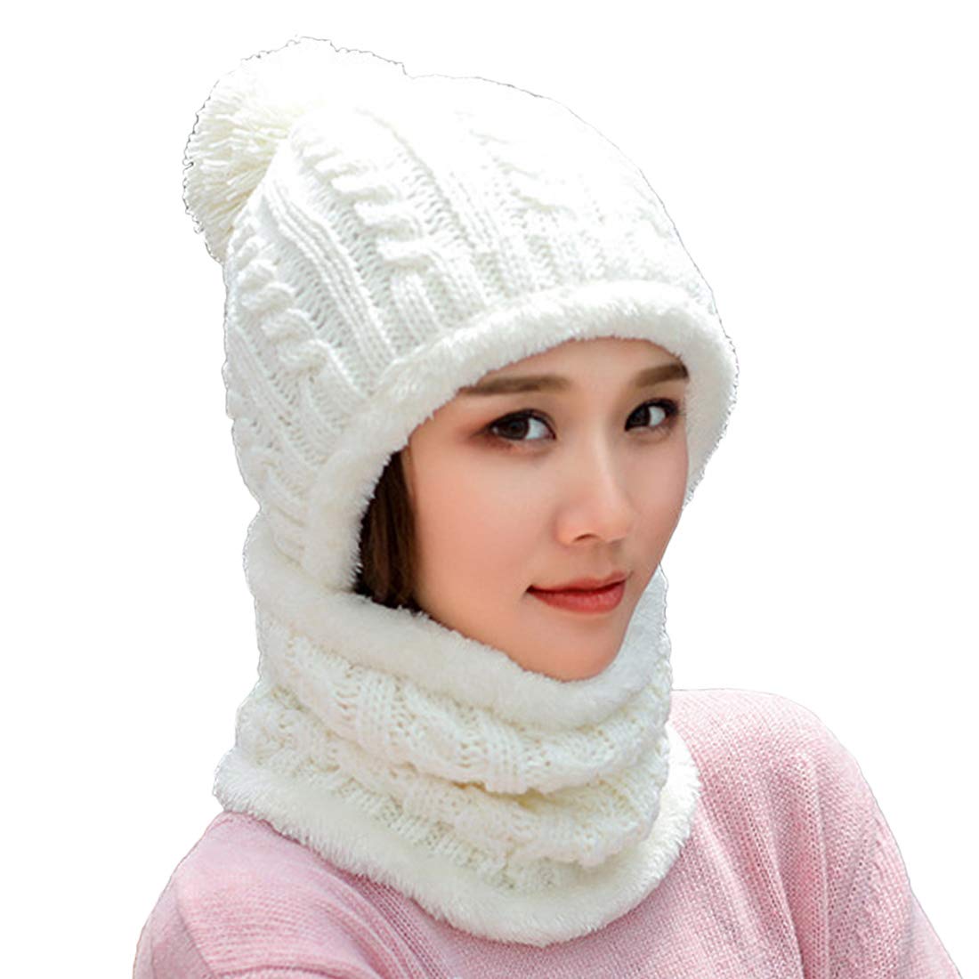 HUAMULAN Women Winter Beanie Hats One Piece Fleece Lined Knit Balaclavas Mask Set Skull Neck Circle Scarf Ski Snow Hat Pompom