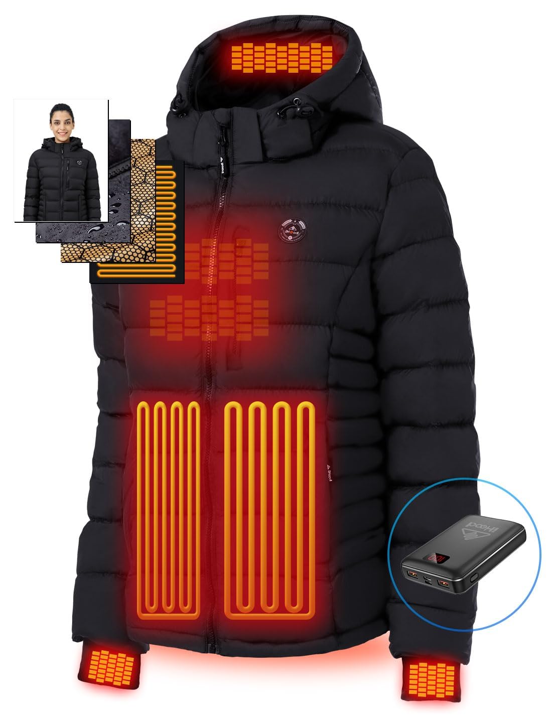 iHood Women's Heated Puffer Jacket With 12V Battery Pack-Insulated Water-Resistant Hooded Hand-Heating Electric Heated Jacket