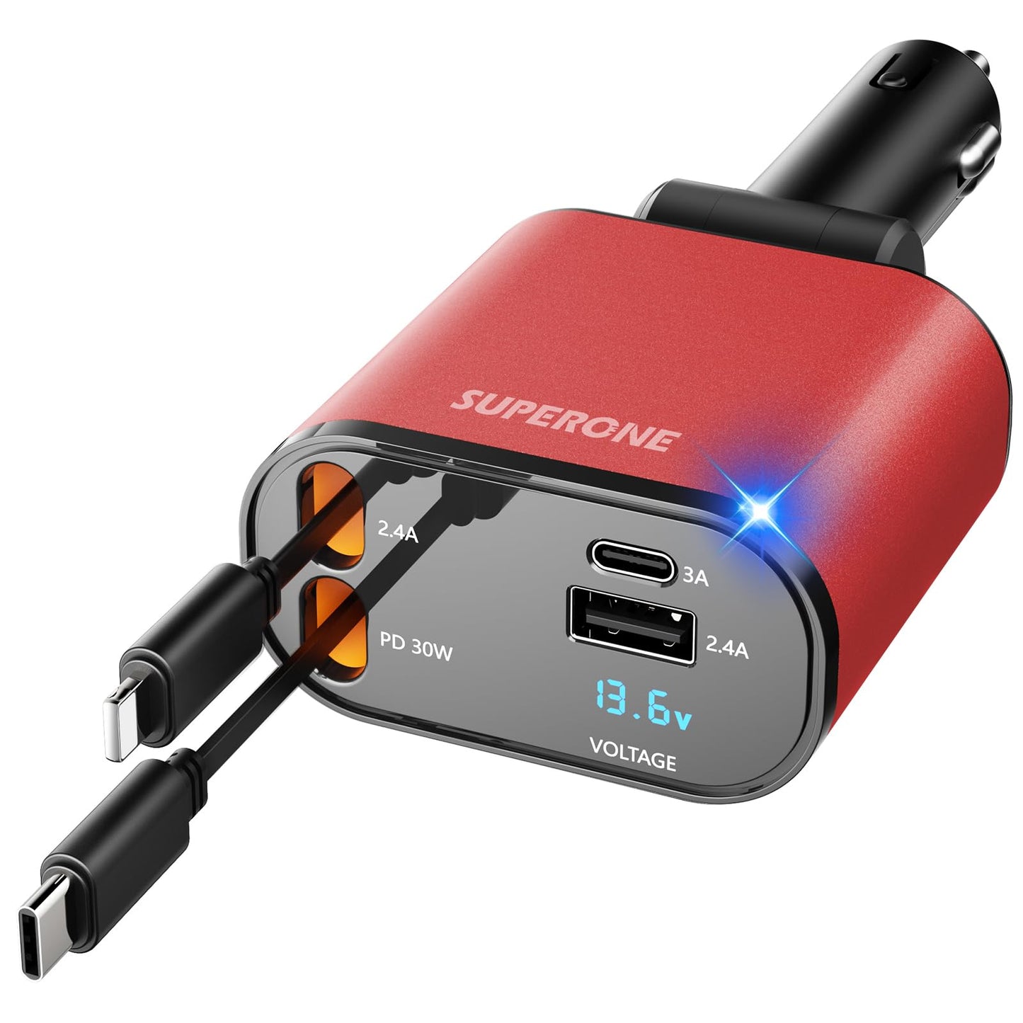 【Upgraded】 SUPERONE Retractable Car Charger 4 in 1, Fast Car Phone Charger with Cord 2.6ft, USB C and Apple Car Adapter, Compatible with iPhone 17 16 15/15 Pro Max/14/13/12/11, Galaxy, Pixel