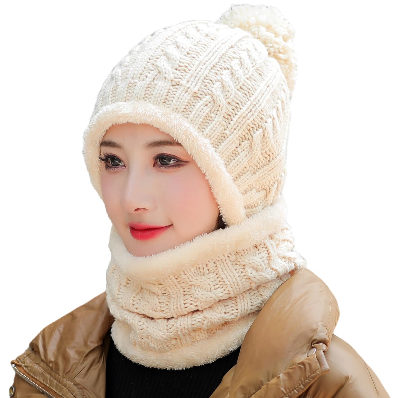 HUAMULAN Women Winter Beanie Hats One Piece Fleece Lined Knit Balaclavas Mask Set Skull Neck Circle Scarf Ski Snow Hat Pompom