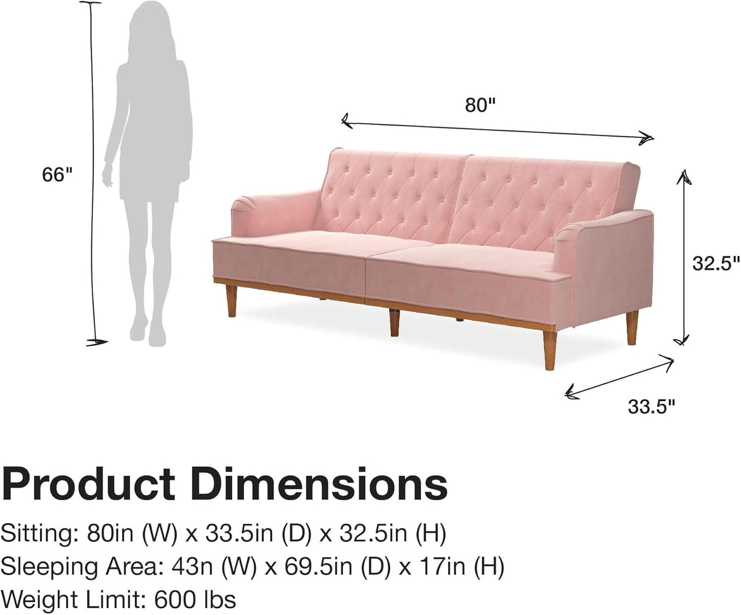 Stella 80 Inch Futon Sofa Bed In Velvet Fabric, Modern Upholstered Couch Sleeper With Button Tufted Back And Wood Trim, Pink