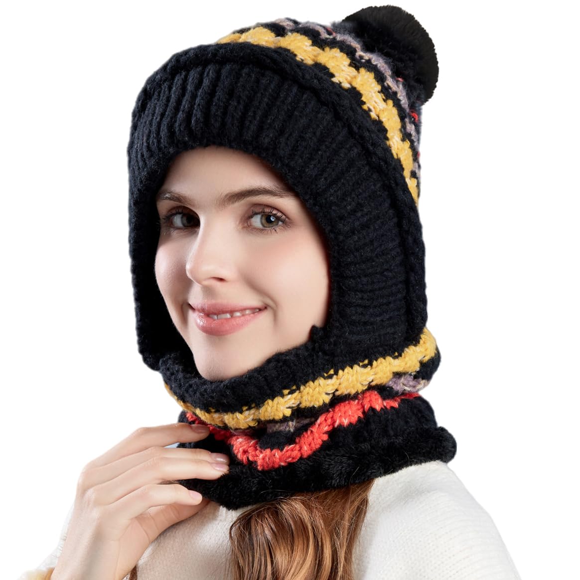 HUAMULAN Women Winter Beanie Hats One Piece Fleece Lined Knit Balaclavas Mask Set Skull Neck Circle Scarf Ski Snow Hat Pompom