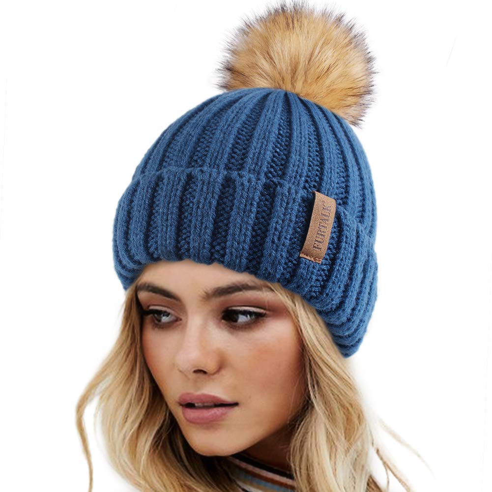 FURTALK Womens Winter Knitted Beanie Hat with Faux Fur Pom Warm Knit Skull Cap Beanie for Women