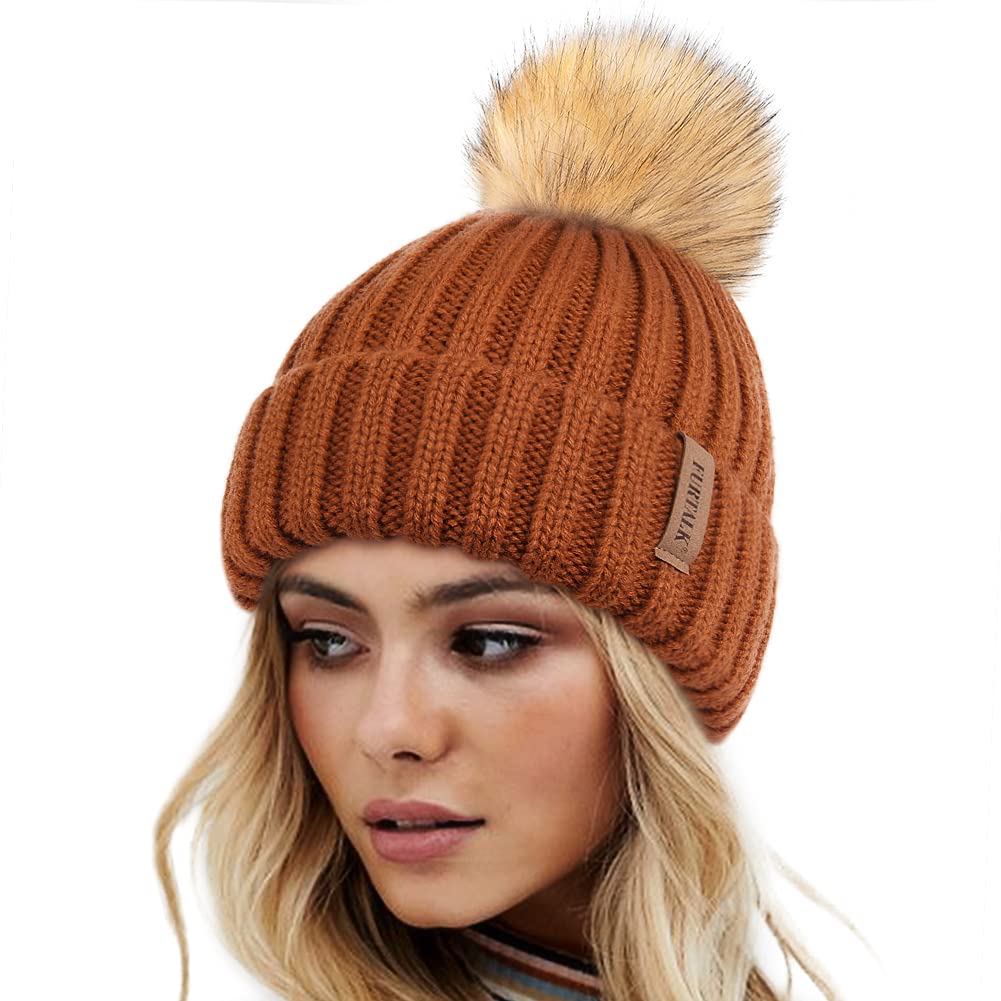 FURTALK Womens Winter Knitted Beanie Hat with Faux Fur Pom Warm Knit Skull Cap Beanie for Women