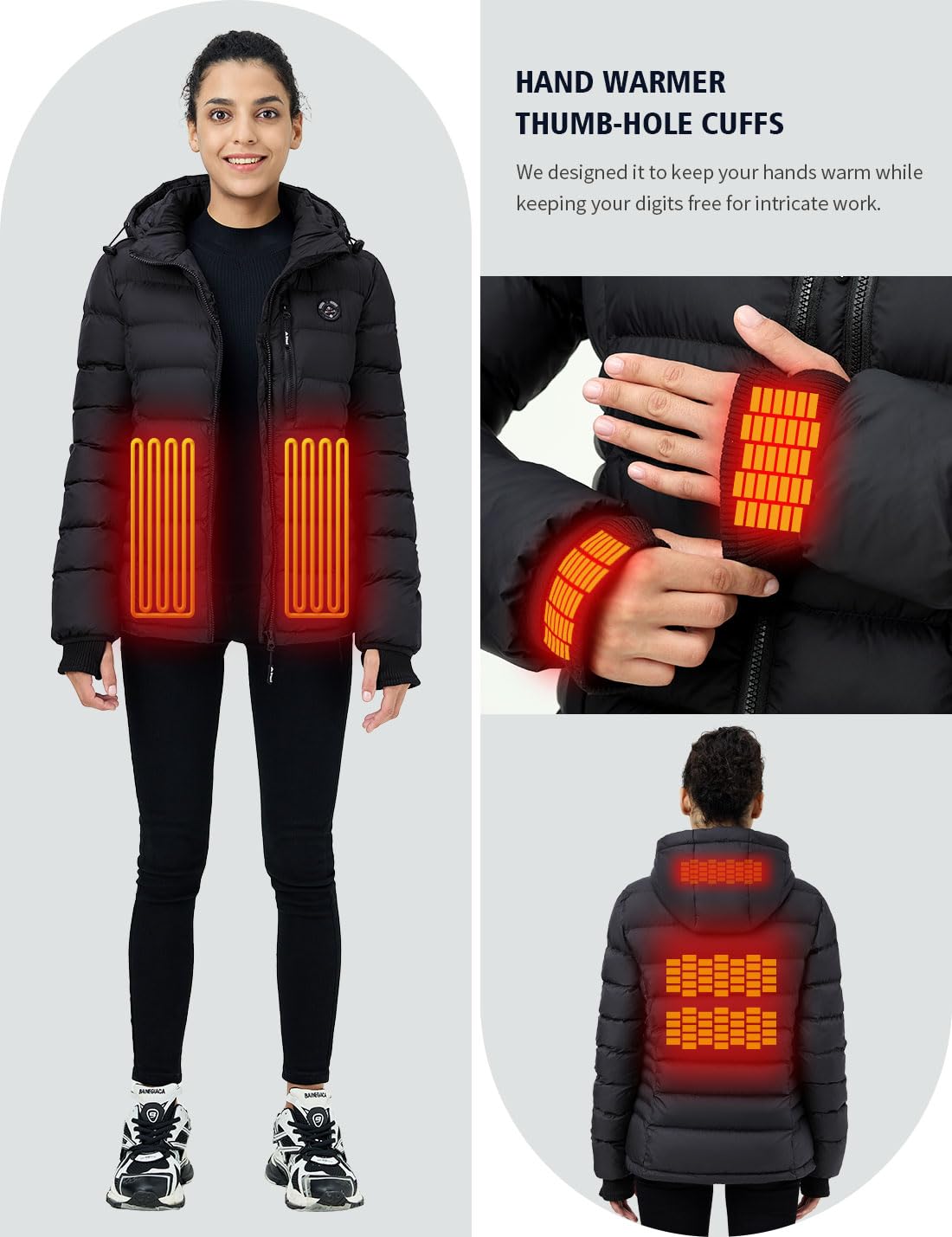 iHood Women's Heated Puffer Jacket With 12V Battery Pack-Insulated Water-Resistant Hooded Hand-Heating Electric Heated Jacket