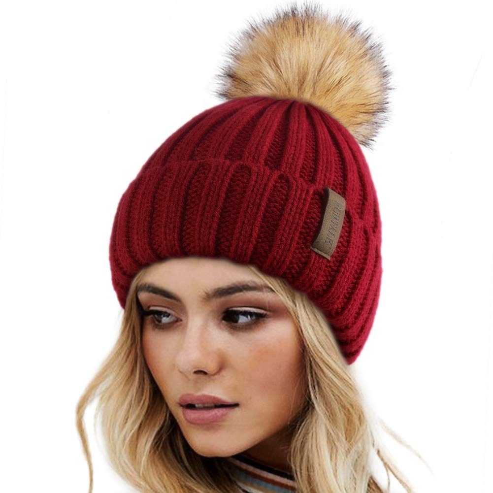 FURTALK Womens Winter Knitted Beanie Hat with Faux Fur Pom Warm Knit Skull Cap Beanie for Women