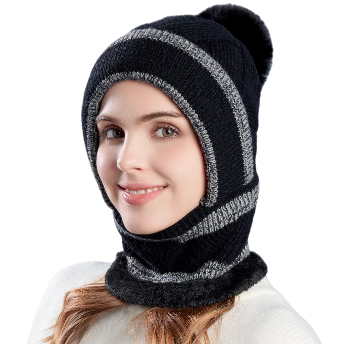 HUAMULAN Women Winter Beanie Hats One Piece Fleece Lined Knit Balaclavas Mask Set Skull Neck Circle Scarf Ski Snow Hat Pompom