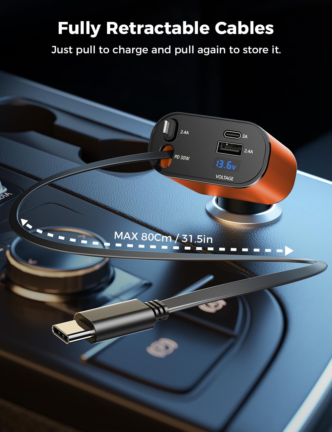 【Upgraded】 SUPERONE Retractable Car Charger 4 in 1, Fast Car Phone Charger with Cord 2.6ft, USB C and Apple Car Adapter, Compatible with iPhone 17 16 15/15 Pro Max/14/13/12/11, Galaxy, Pixel